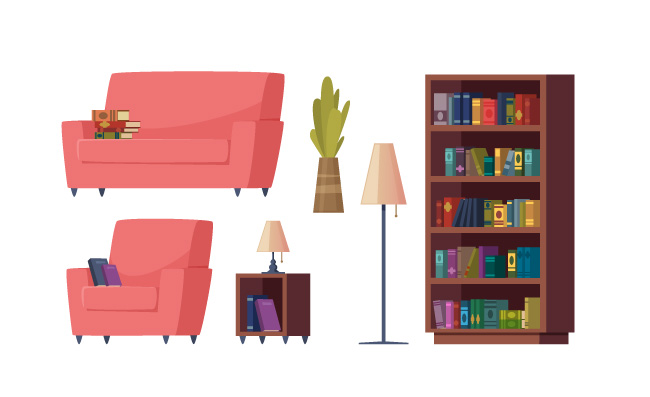 红色沙发和书柜小柜子家居矢量