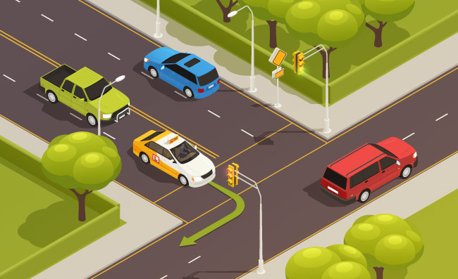 驾驶学校路面考核交通路口城市道路交叉口车辆矢量图