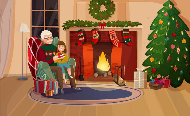 家庭圣诞节坐在椅子上的爷孙俩拆礼物壁炉烤火室内圣诞树装饰场景图
