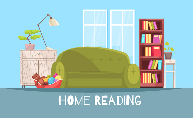 家庭书架灯和沙发平面矢量图