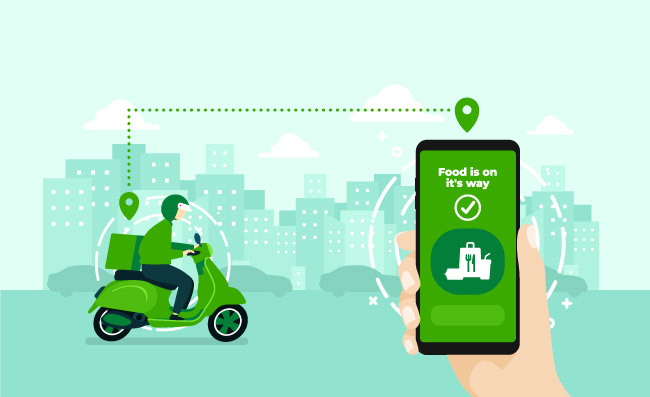 快递送餐服务移动应用程序跟踪骑轻便摩托车的送货员
