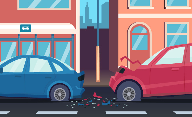 路上撞车事故损坏的车辆城市道路上发生车祸的插图矢量卡通背景