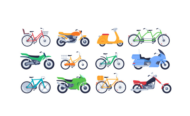 摩托车自行车和踏板车体育越野矢量交通车辆矢量集