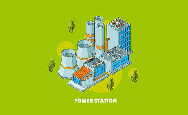 车站建设基础设施能源发电站电气符号发生器高压传输矢量等距概念图片