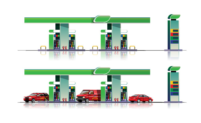 汽车和货车停在加油站加油矢量素材插图