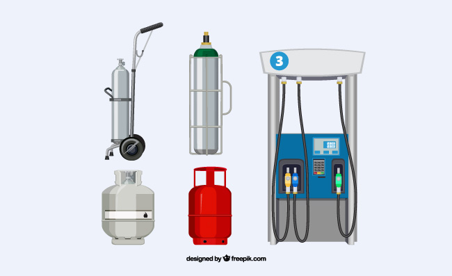 汽油泵加油站抽汽气泵油金属油箱气缸工业石油和天然气燃料矢量插图