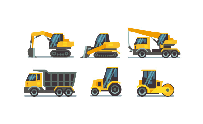 施工机械重型设备车辆平面矢量图标挖掘机和起重机装载机图
