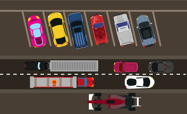 停车场汽车和交通车辆俯瞰矢量图