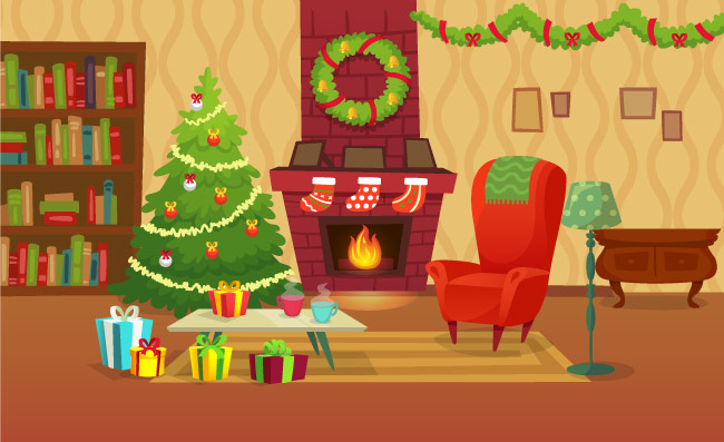 卡通圣诞树室内冬天取暖老人椅场景图