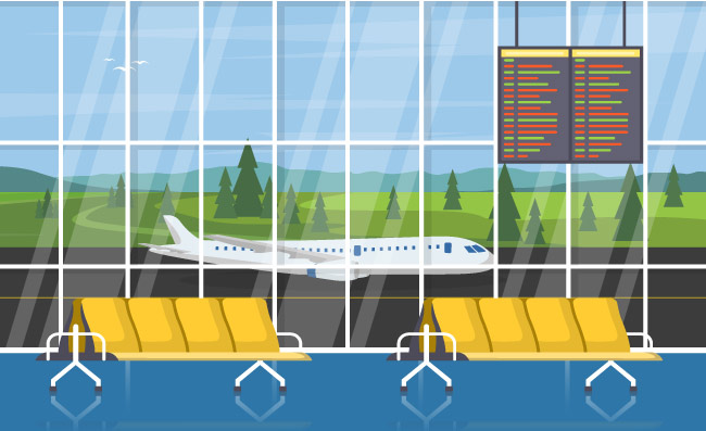 卡通矢量机场飞机航站楼门候机厅大厅内部平面插图
