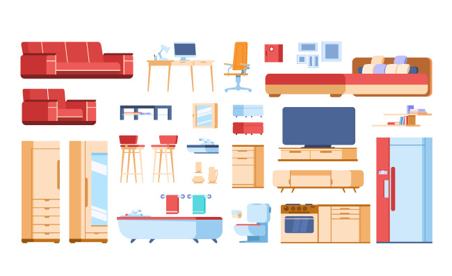 卡通室内家具卧室壁橱长沙发衣柜桌子卡通矢量元素集
