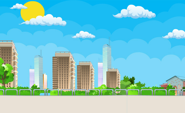 蓝色天空街边马路旁的建筑物动画背景素材