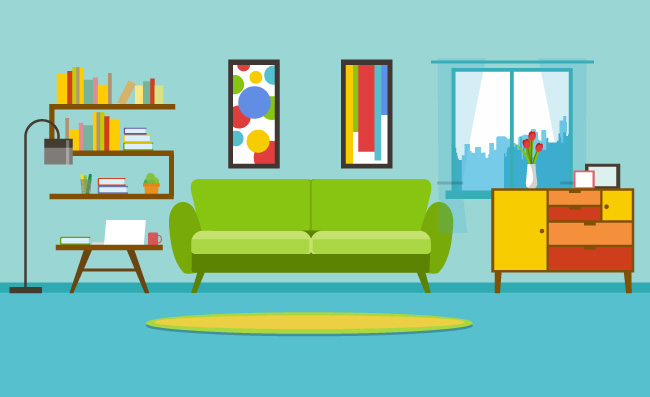 客厅内部不同的家具舒适的沙发书架灯墙上装饰画矢量