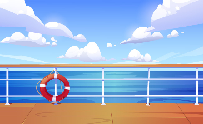游轮甲板海洋景观水面蓝天救生圈船甲板矢量卡通画