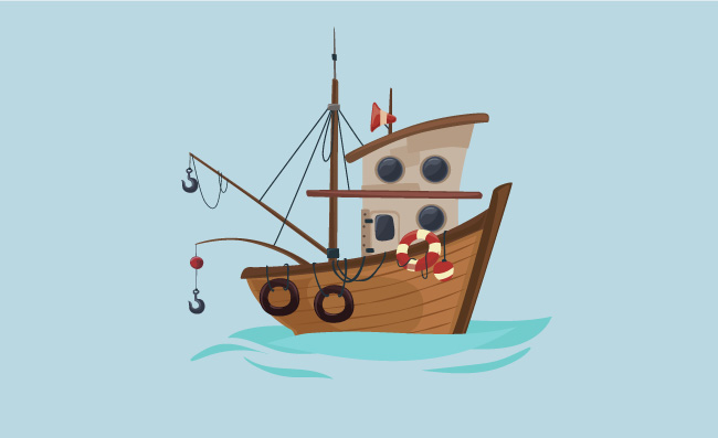 渔船彩绘古典卡通船只素材矢量