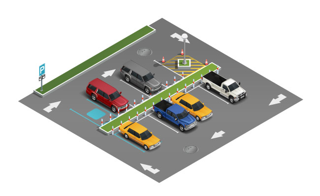 运输现实的等距汽车轿车车辆室外停车场矢量图