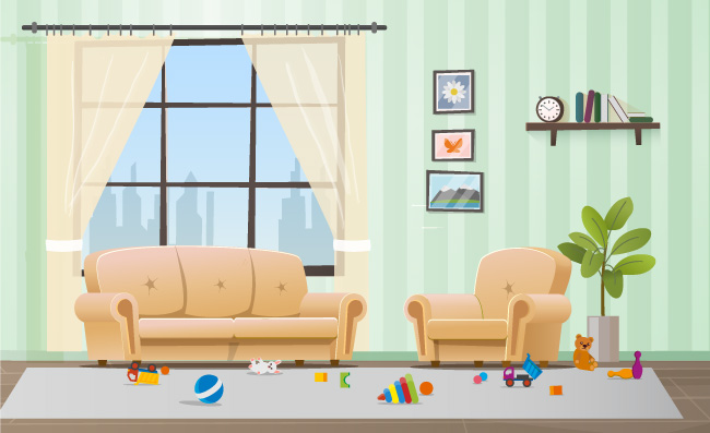 凌乱客厅里散落的玩具家庭内部杂乱无章的房子卡通矢量图