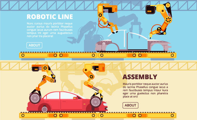 装配工厂输送机图汽车工业装配线机器人生产自动化汽车制造矢量横幅