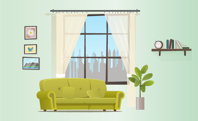 平面卡通矢量带窗子的客厅沙发插图