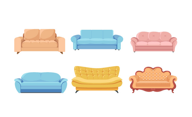 柔软家具不同风格的沙发扶手椅矢量平面图