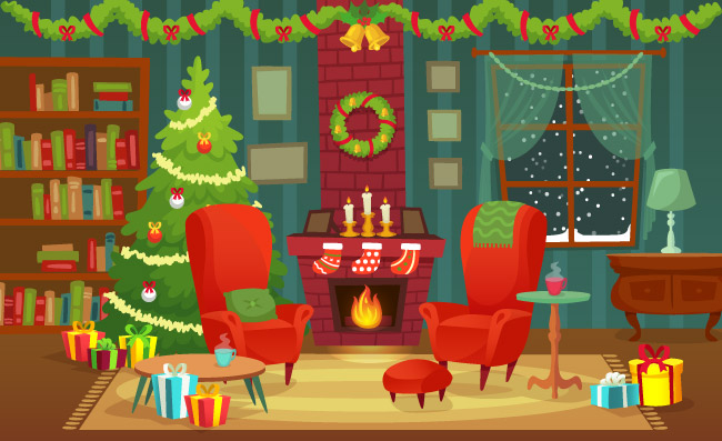 圣诞房间室内装饰壁炉扶手椅礼物和圣诞树插画