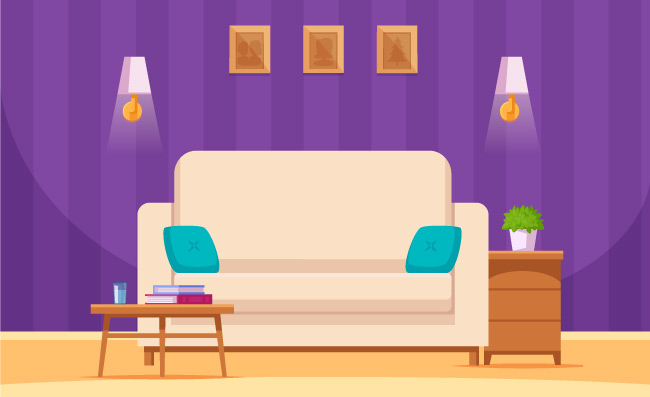 矢量家庭内部阅读空间舒适沙发家具素材