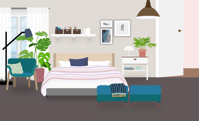 矢量卧室扁平化沙发脚凳床绿植家具装饰