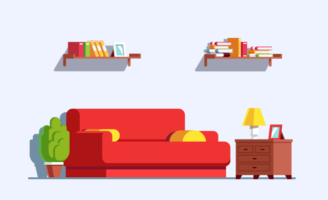 室内家具扁平化立体沙发柜子书籍素材矢量