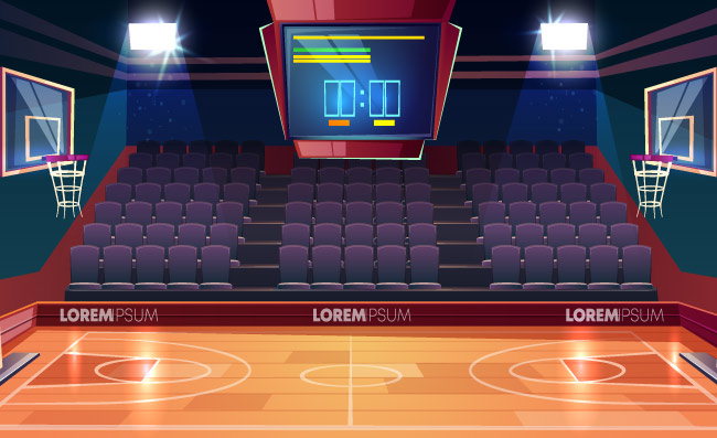 室内篮球场观众席卡通场景矢量
