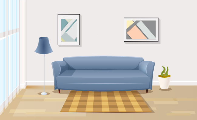 现代卡通客厅室内矢量插图宽敞房间公寓窗户舒适的蓝色沙发优雅的落地灯盆栽植物绘画图片