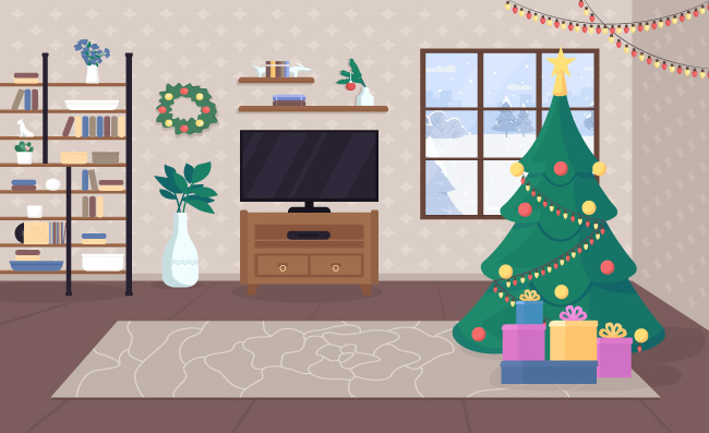 现代卡通圣诞树屋内彩色矢量图