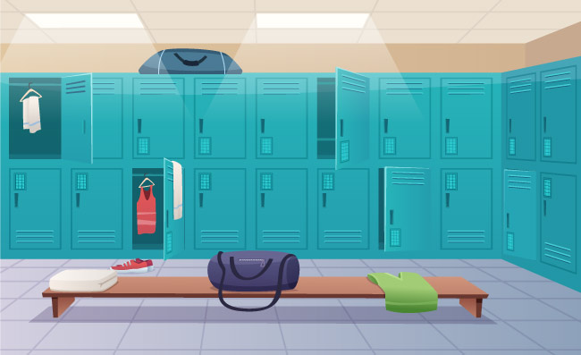 学校更衣室衣物柜教室内部走廊储物柜高校体育运动更衣室矢量卡通背景
