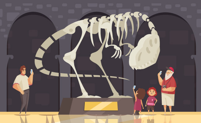 游览恐龙骨架全景展览室室内风光访客矢量场景插图