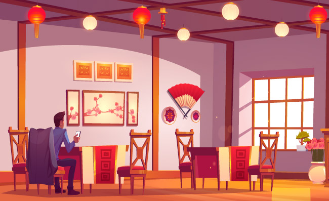 中国餐厅矢量卡通画灯笼风扇中国复古餐馆