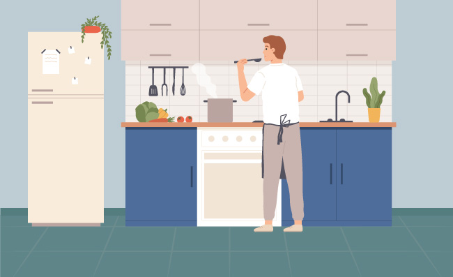 做菜的男士厨房居家家庭背景矢量插图插画