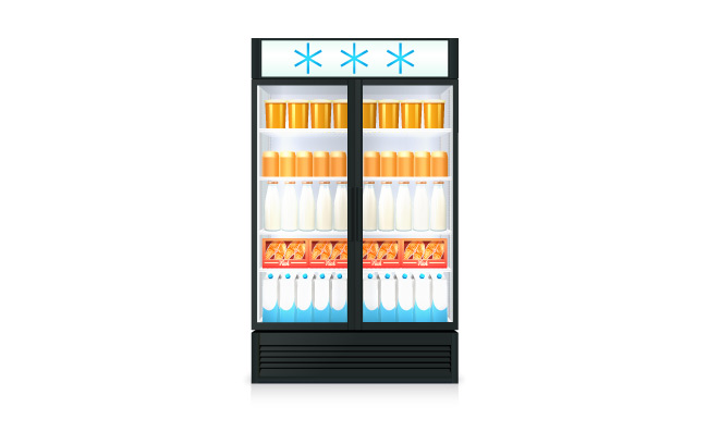 冰箱食物饮料瓶储存柜玻璃门矢量图