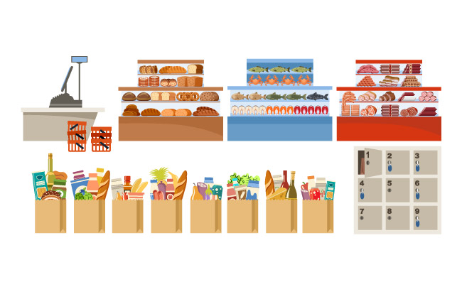 不同蔬菜水果鱼肉乳制品货架超级市场大商店购物袋储存柜展架插画