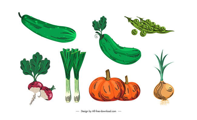 彩绘不同蔬菜南瓜豌豆红萝卜黄瓜大葱素材