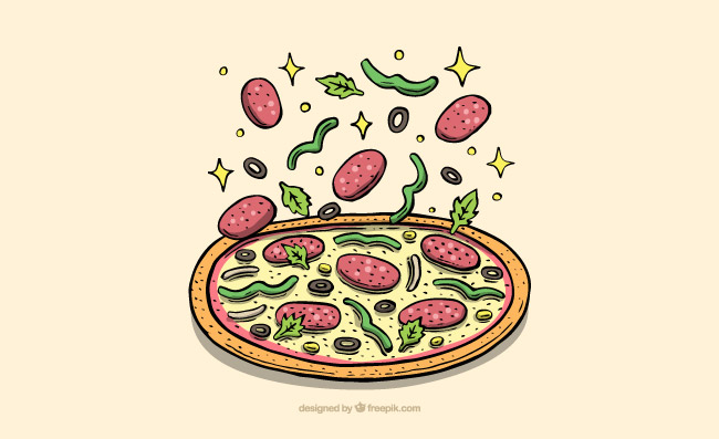 彩绘落在披萨上的原料矢量素材