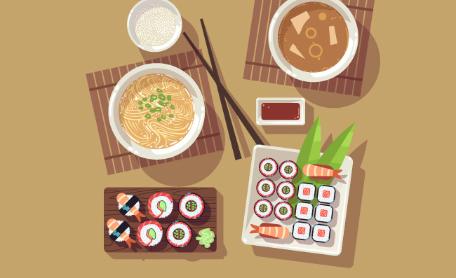 餐桌食物顶视图寿司鲜汤葱花面美食