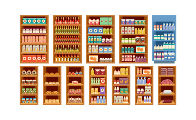 超级市场大商店不同蔬菜水果鱼肉乳制品货架插画
