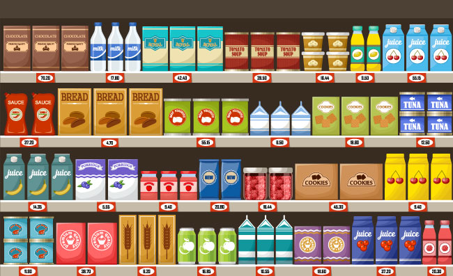 超市货物货架上摆满的产品饮品乳制品食品饮料牛奶谷物果酱超市矢量插画图片