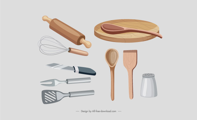 厨房厨具素描彩板铲子打蛋器擀面杖刀叉木勺元素