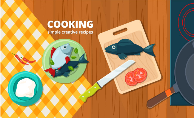 厨房工具烹调美食鱼肉可口食物插图