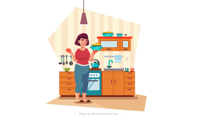 厨房工作女性家具卡通元素厨具矢量