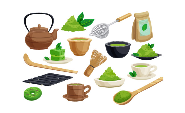 传统茶道绿色抹茶粉末工具扫碗匙子茶壶图标集