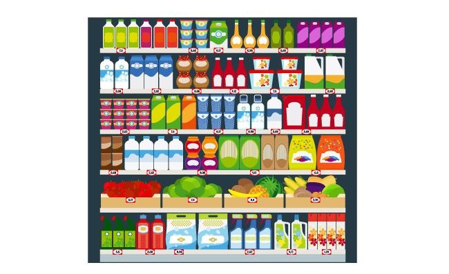 存放乳制品水果日用化学品的货架图片