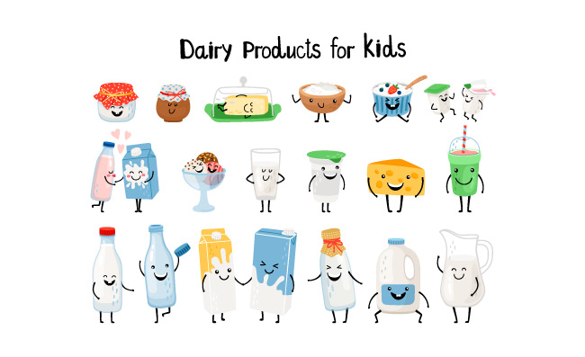 儿童乳制品有机酸奶和牛奶美味的奶酪矢量卡通插图