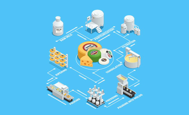 工业机械工厂生产加工奶酪生产工厂等距流程图牛奶巴氏杀菌凝结压蜡和成熟矢量图