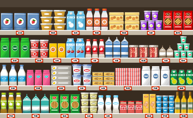 货架上摆满的产品饮品乳制品展架食品饮料牛奶果酱超市矢量插画图片